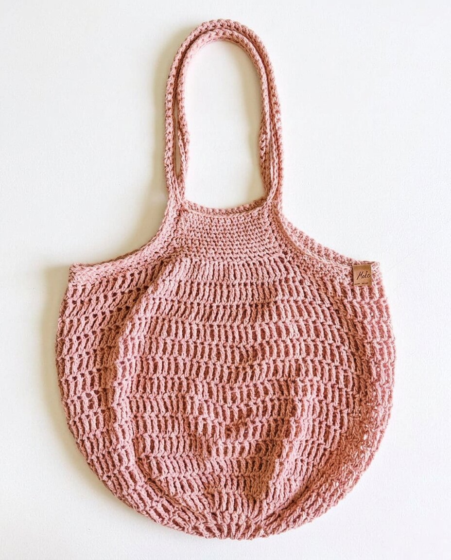 Round dusty pink crochet market bag with an airy mesh body and a tall solid handle