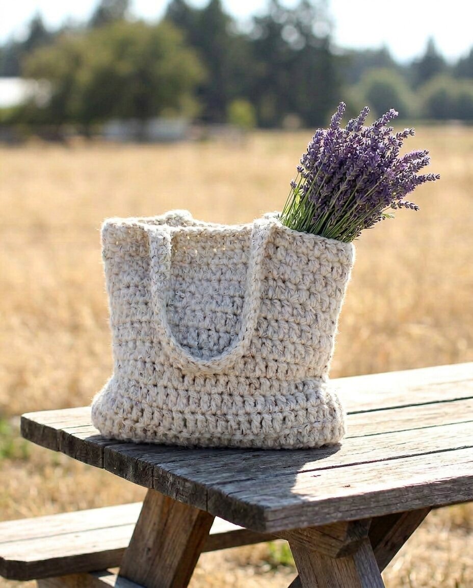 Chunky cream crochet tote with a dense textured body sitting on a wood bench with lavender stems peeking out the top