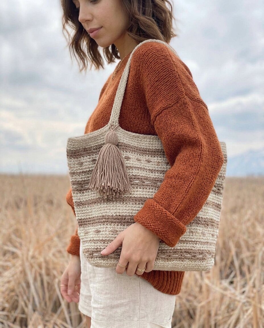 Cream and tan striped crochet shoulder tote with a long woven strap and a tassel embellishment